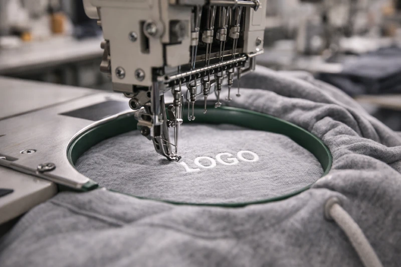 عملية تخصيص ملابس العلامة الخاصة عبر تطريز الشعار على القطعة