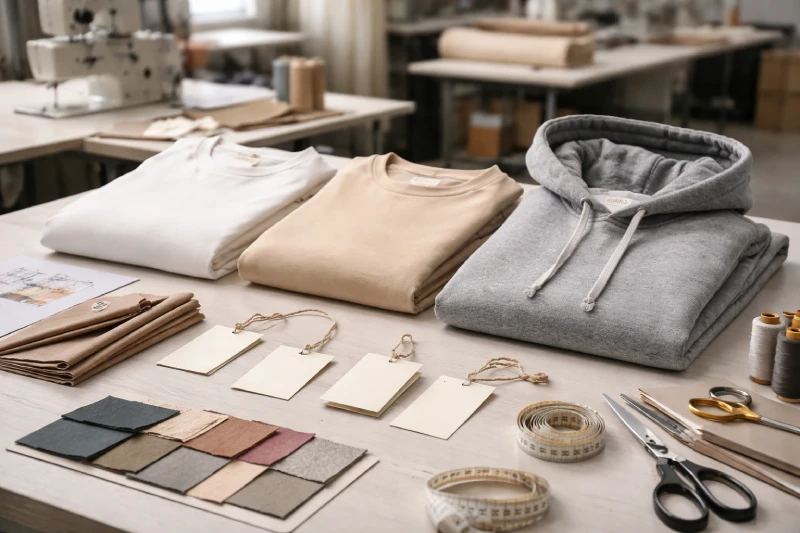 private label clothing development process with garments labels and branding materials