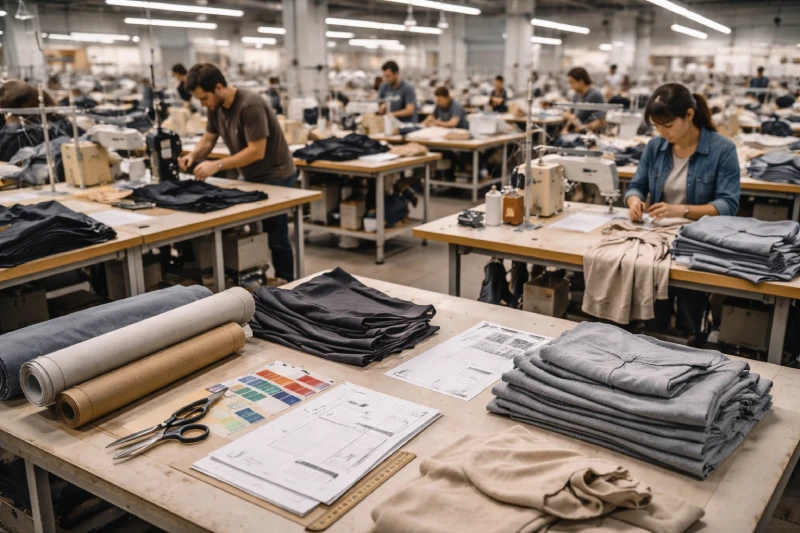 proceso de fabricación de ropa de marca privada que incluye corte de tejido, costura y ensamblaje de prendas