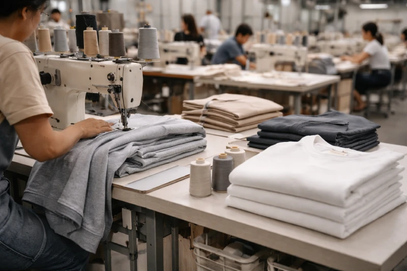 عملية تصنيع ملابس العلامة الخاصة في خط إنتاج مصنع الملابس الجاهزة