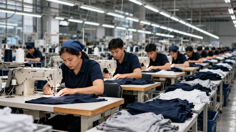 private label clothing manufacturing factory production line with sewing workers
