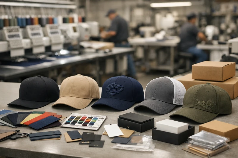 Custom baseball cap manufacturing studio with multiple cap styles and private label materials
