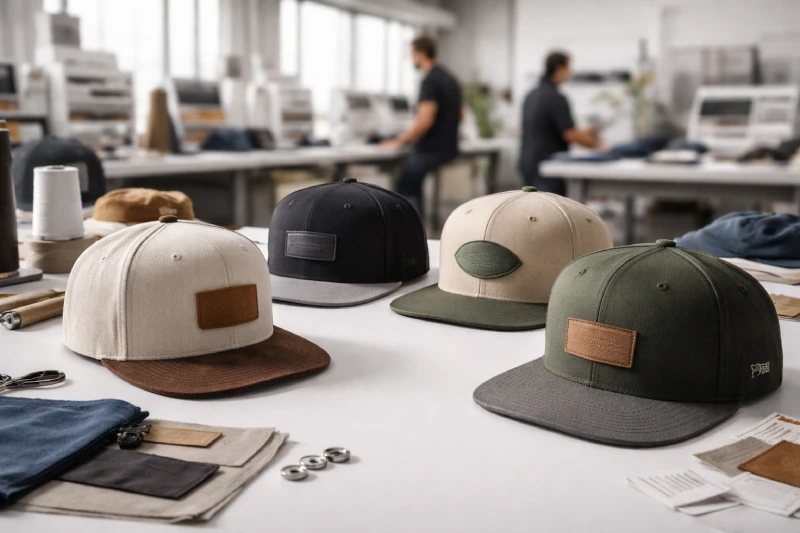 Premium custom snapback caps displayed inside a modern snapback cap manufacturing studio with multiple embroidery and fabric options