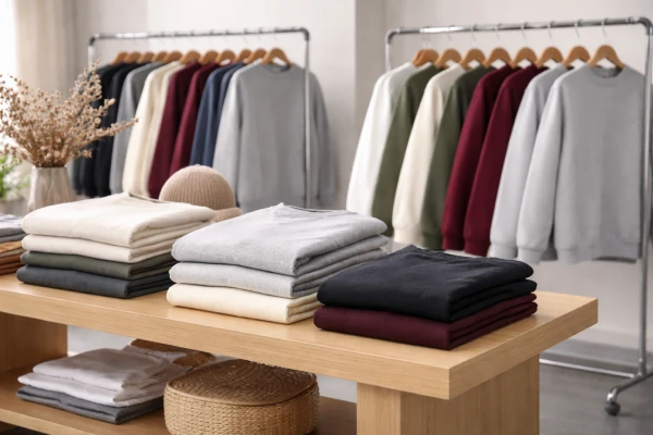 Unisex knit pullover sweatshirts arranged for autumn retail distribution