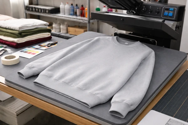 Unisex pullover sweatshirt prepared for front logo digital printing in production setting
