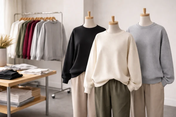 Unisex loose fit pullover sweatshirts displayed in studio environment