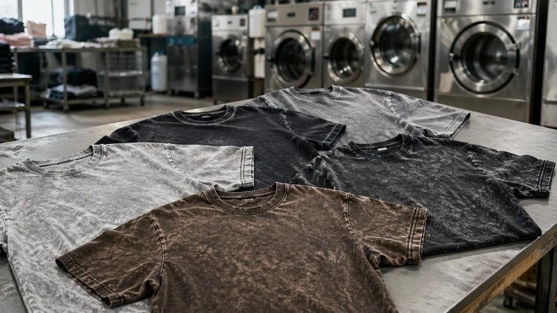 Acid wash T-shirts in apparel factory with vintage faded textures