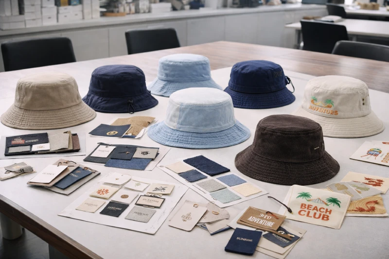 Comparison of custom bucket hat styles, fabrics, and branding options