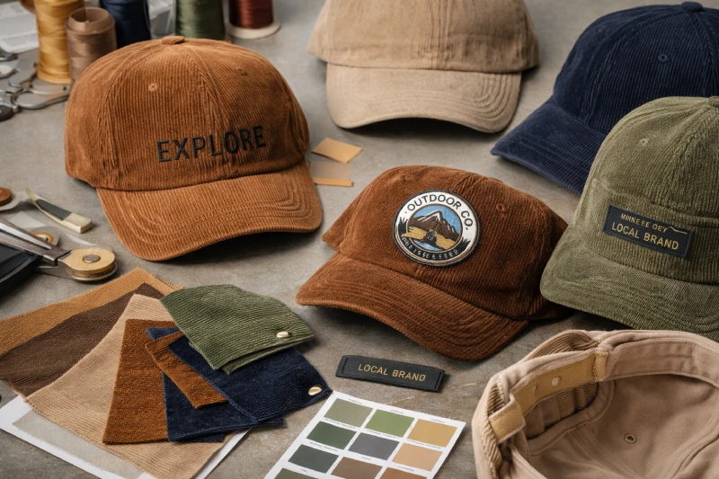 Different corduroy hat fabrics, colors, and customization options on a worktable