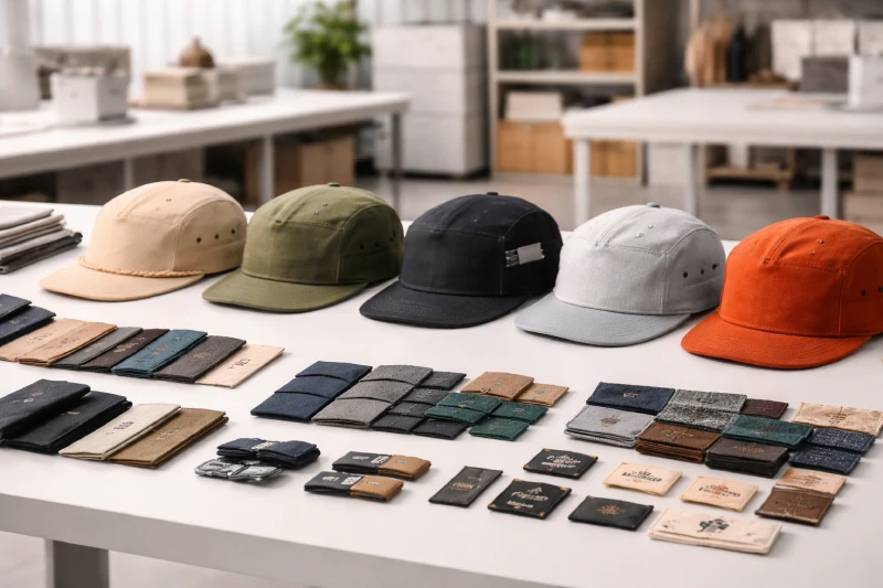 Different custom 5 panel cap styles with fabric and label options