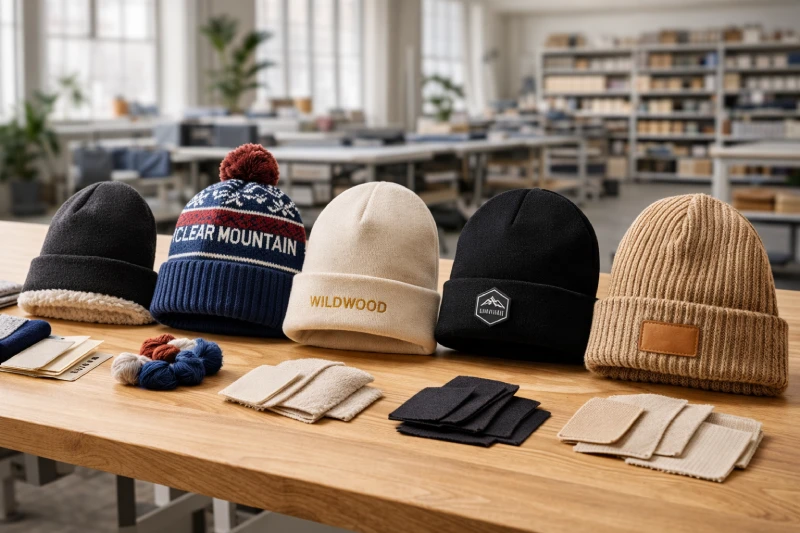 Comparison of custom beanie styles with different fabrics and logo options