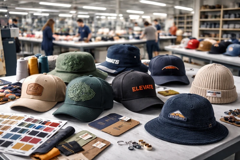 Custom headwear manufacturing factory with baseball caps, bucket hats, beanies, and visors
