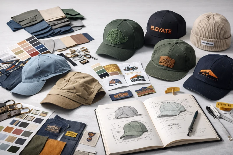 Custom headwear development with fabric swatches, hat samples, labels, and embroidery options