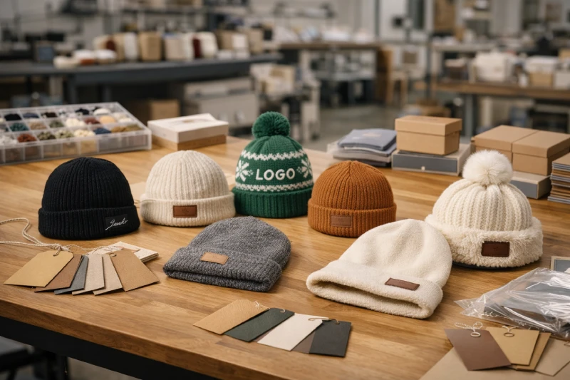 Different custom knit beanie styles with private label branding options