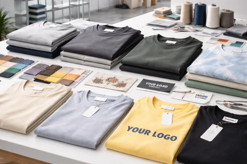 Different custom T-shirt styles, fabrics, labels, and branding options