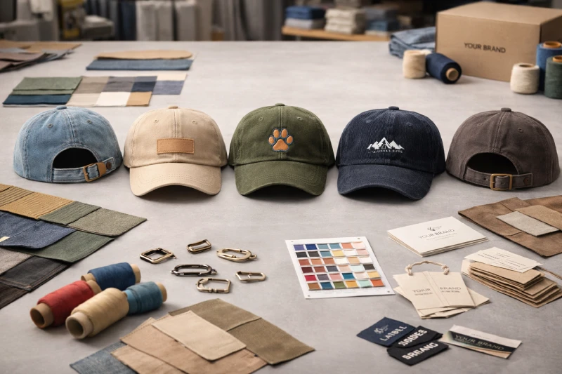 Different dad hat fabrics embroidery and private label options