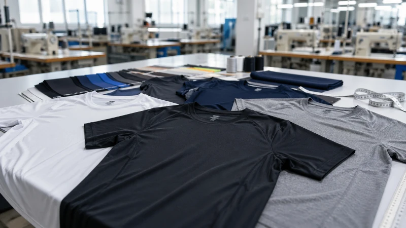 Dri-Fit T-shirts displayed in a modern apparel manufacturing factory
