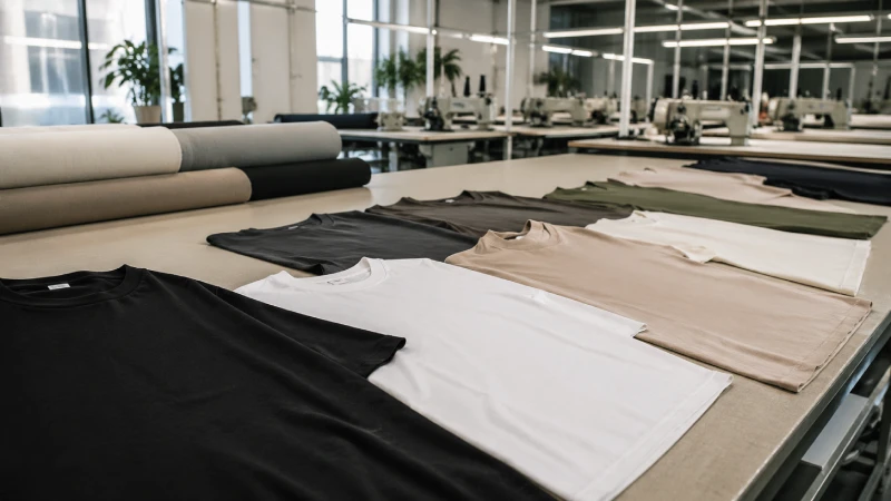 fashion t-shirt production on industrial cutting table in garment factory