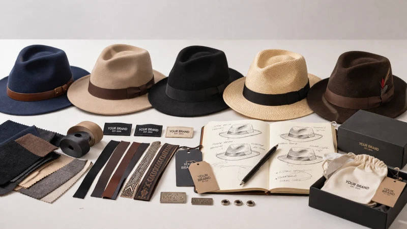 Different fedora hat styles and materials compared on a studio table