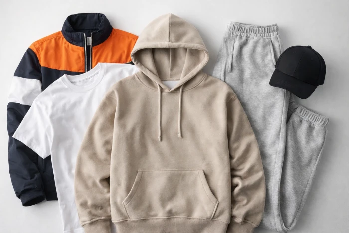 Premium private label clothing collection including hoodie, T-shirt, jacket, sweatpants and cap