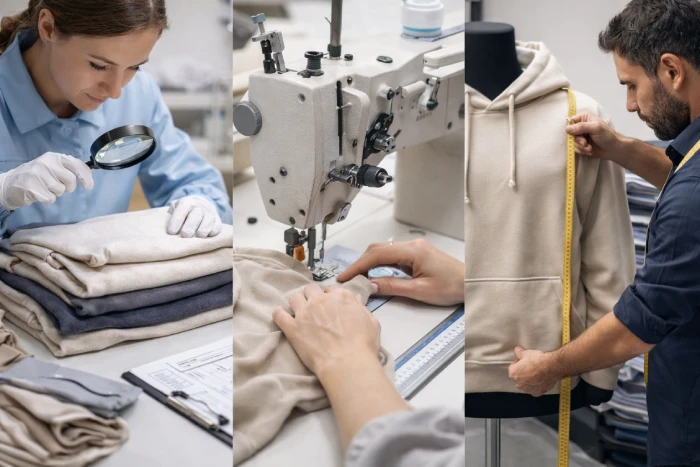 Garment factory quality control process including fabric inspection, sewing and hoodie measurement