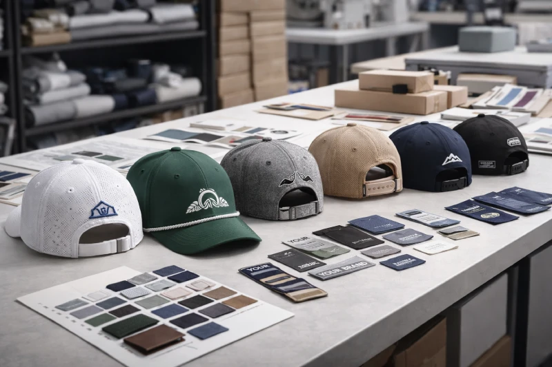 Comparison of custom golf cap styles fabrics embroidery and private label options