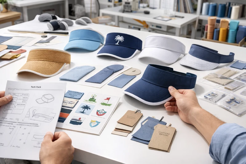 Comparing custom sun visor materials, logo options, and factory samples