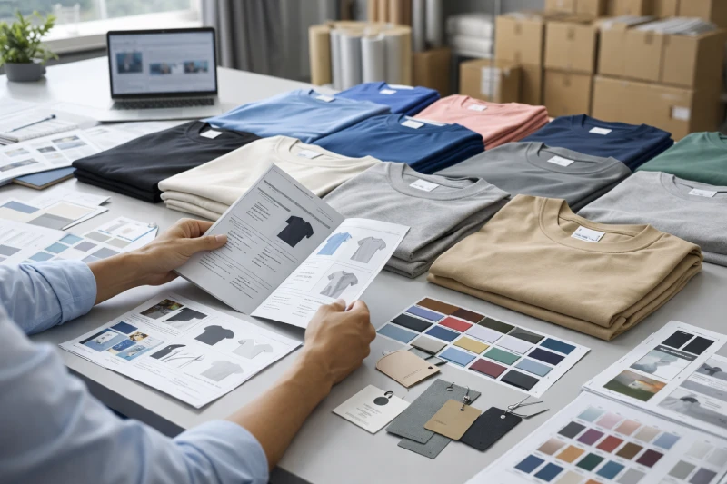 Buyer comparing wholesale T-shirt fabrics, samples, and manufacturer options