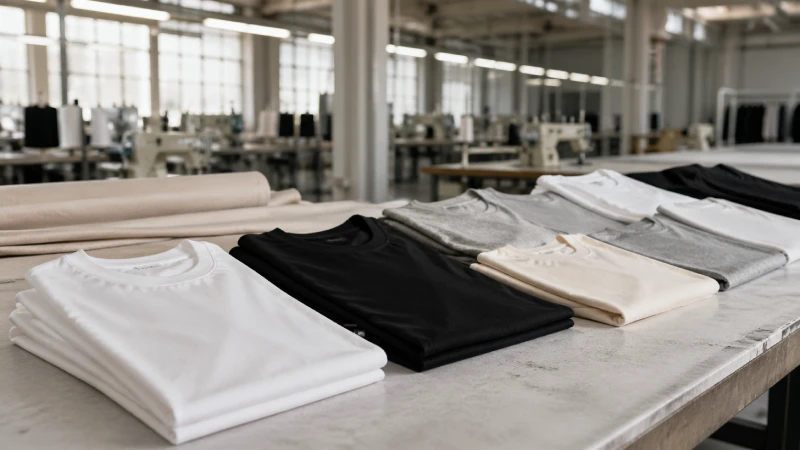 Premium T-shirt production in a modern apparel factory with neatly arranged luxury garments