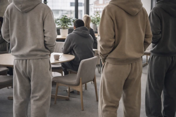 Matching heavyweight cotton hoodie and sweatpants sets used for a corporate casual uniform program