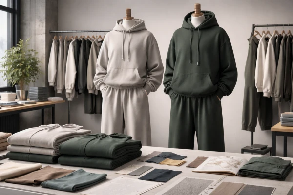 Heavyweight cotton hoodie and wide-leg sweatpants set prepared for streetwear collection development