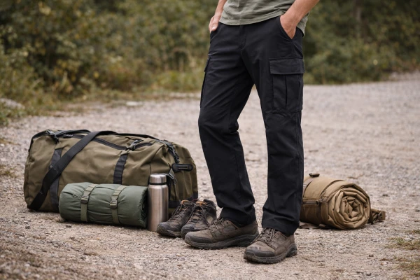 Men's lightweight quick-dry cargo pants used on an outdoor hiking trail
