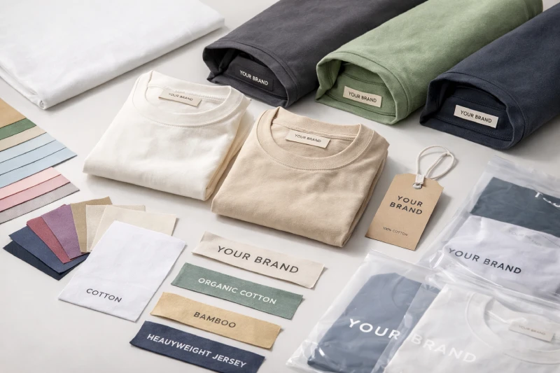 OEM T-shirt fabric samples with labels, hang tags, and packaging