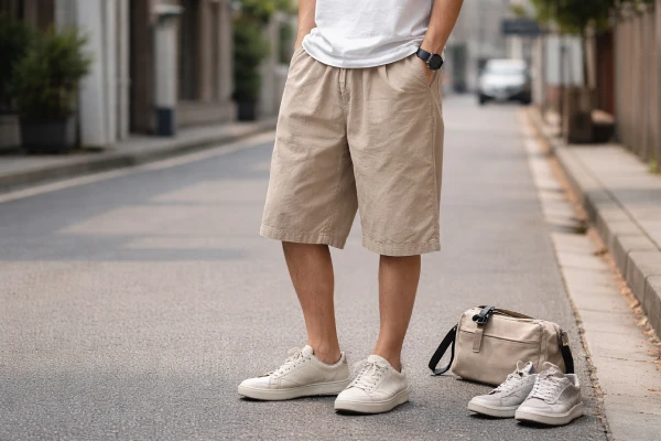 Men's washed cotton cropped shorts in a casual everyday outdoor setting