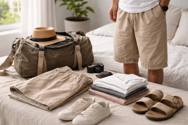 Washed cotton elastic waist cropped shorts prepared for summer travel use