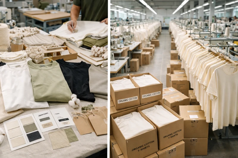 Comparison of low MOQ organic cotton T-shirt sampling and bulk factory production