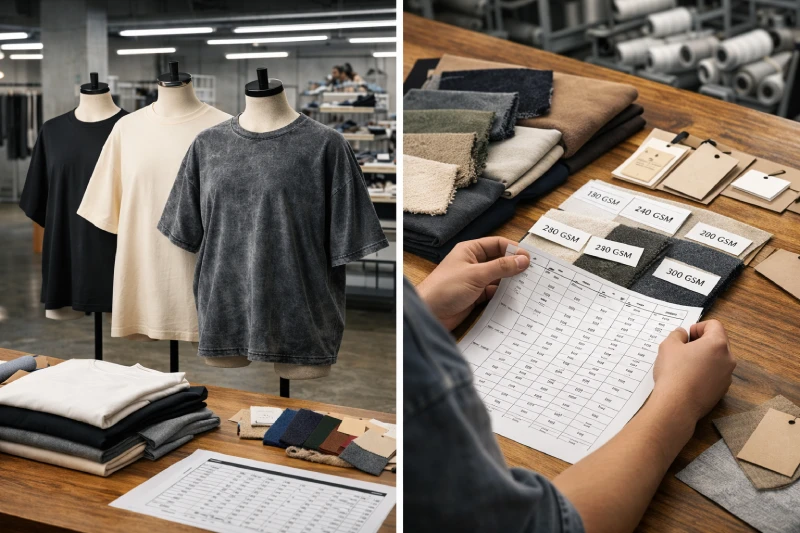 Comparison of oversized T-shirt fits, fabric weights, labels, and packaging