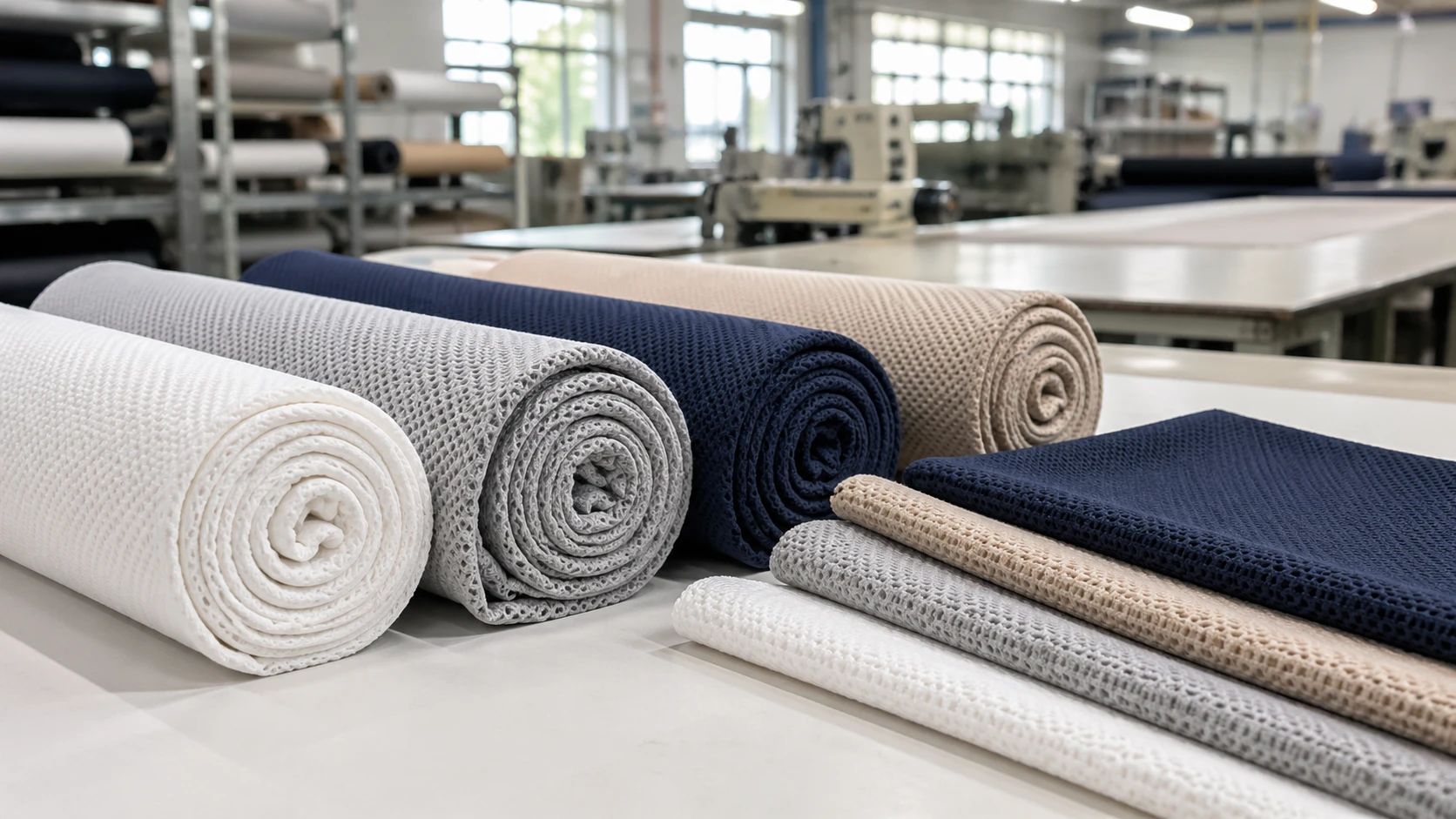 pique fabric rolls with textured honeycomb knit structure in textile workshop