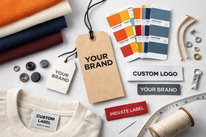 Private label clothing customization materials with fabric swatches, labels, hangtags and Pantone cards