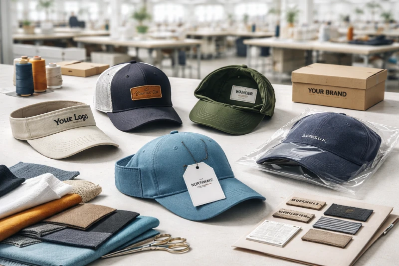 Comparison of private label hat customization options including embroidery, woven labels, hang tags, and packaging