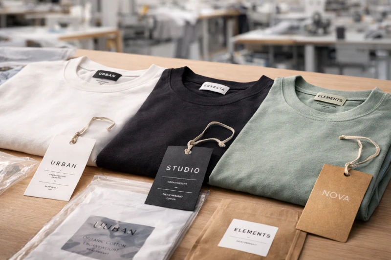 Private label T-shirts with woven labels, hang tags, and custom packaging