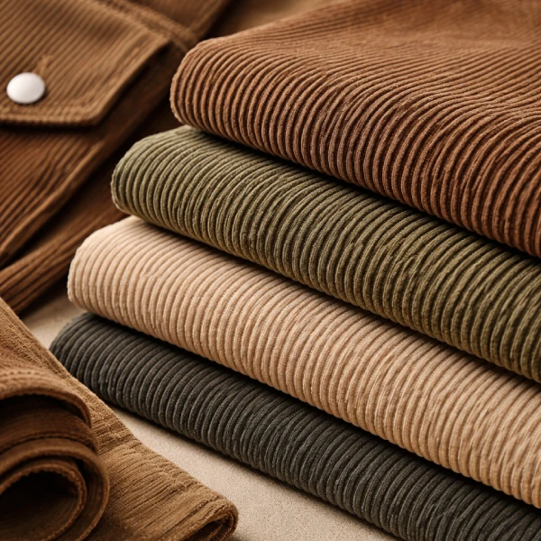 Corduroy fabric swatches in brown, olive and beige tones