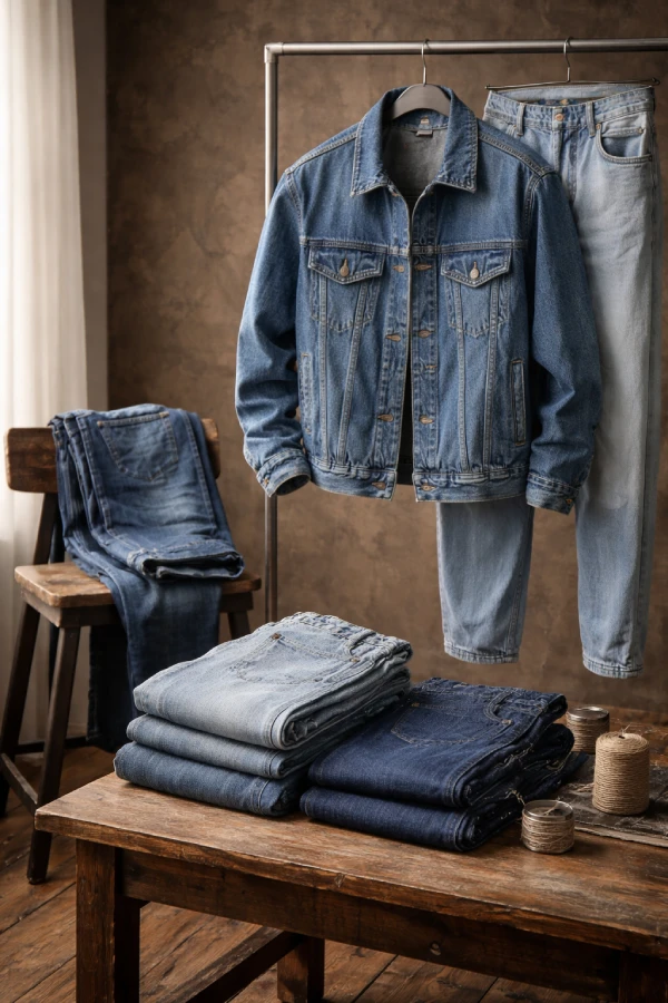 Custom denim jacket and jeans displayed in a premium denim studio setting