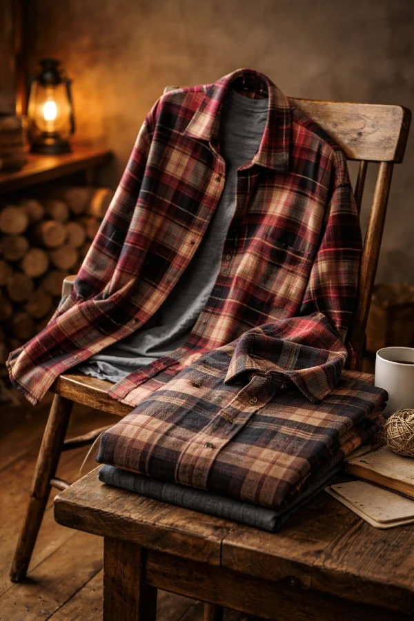 Custom plaid flannel shirts displayed in a rustic cabin-style setting