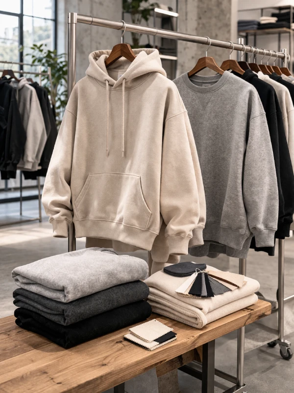 Custom hoodies and sweatshirts in a modern private label showroom