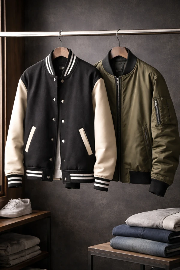 Custom varsity and bomber jackets in a premium outerwear showroom