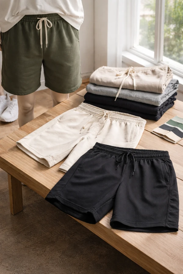 Custom casual and sports shorts displayed in a premium apparel showroom