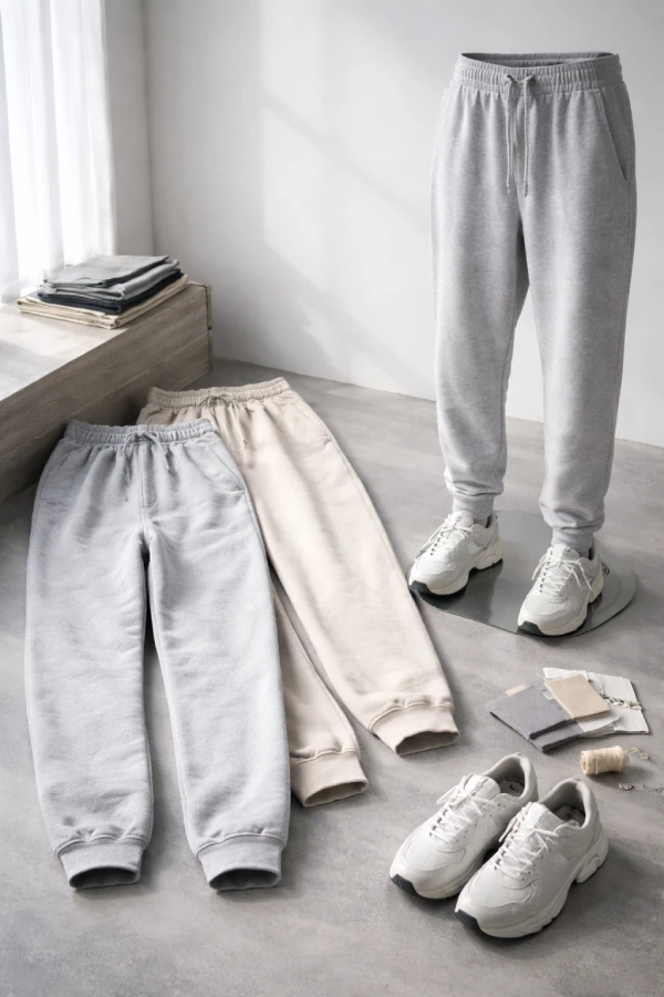 Custom sweatpants and joggers in different colors and fits displayed in a modern studio