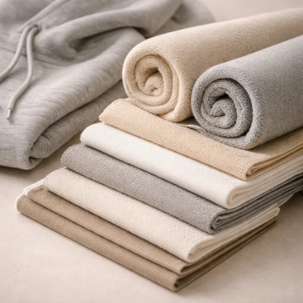 French terry fabric swatches with folded hoodie and soft loop texture