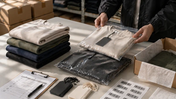 Garment packaging inspection with folded apparel, poly bags and hangtags before shipment